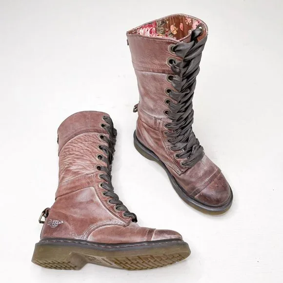 Dr. Martens Brown Distressed Leather Triumph Tall Lace Up Fold Over Boot Size 7 - Picture 1 of 12